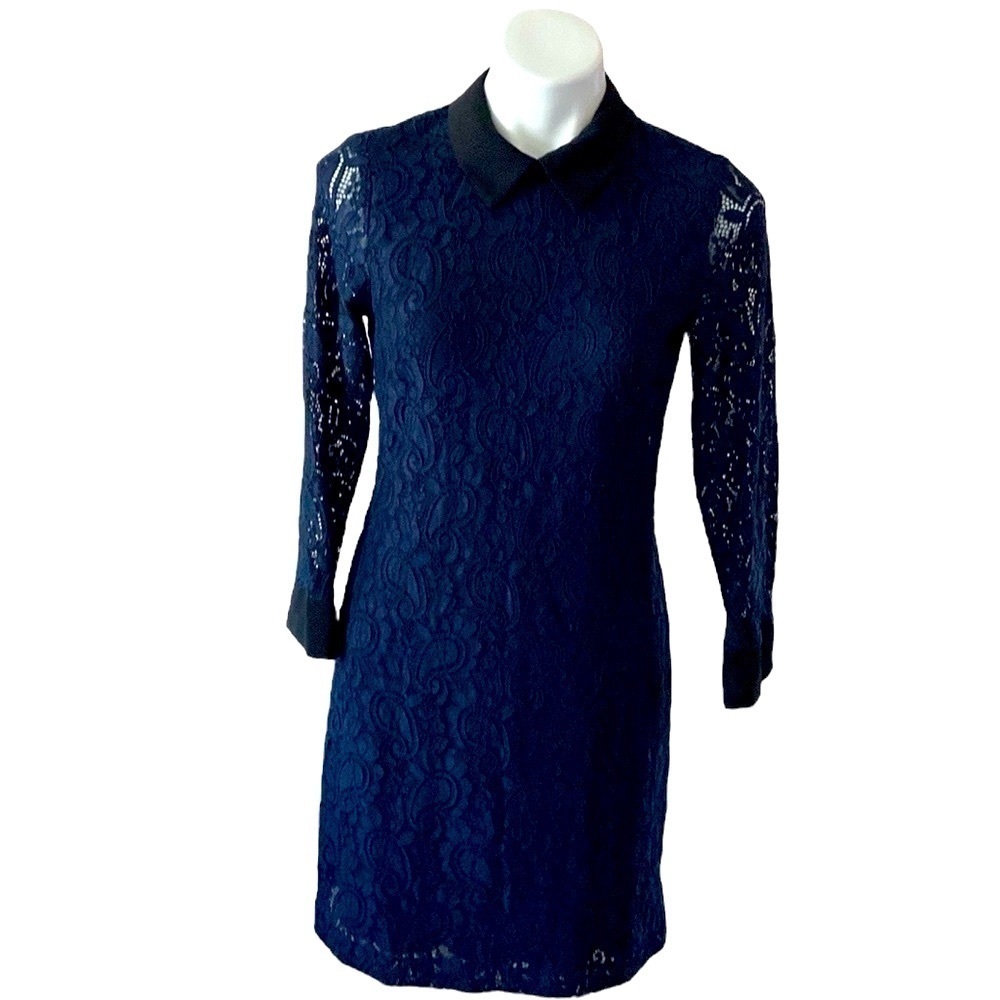 Tommy Hilfiger Navy Blue Lace Paisley Shift Dress with Black Peterpan Collar